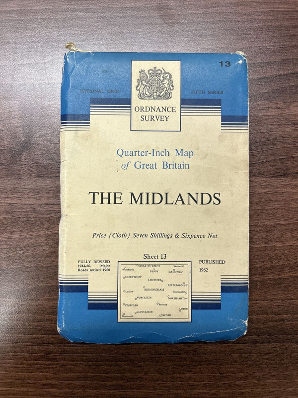 THE MIDLANDS Sheet 13 Fifth Series CLOTH Ordnance Survey Quarter Inch 1962