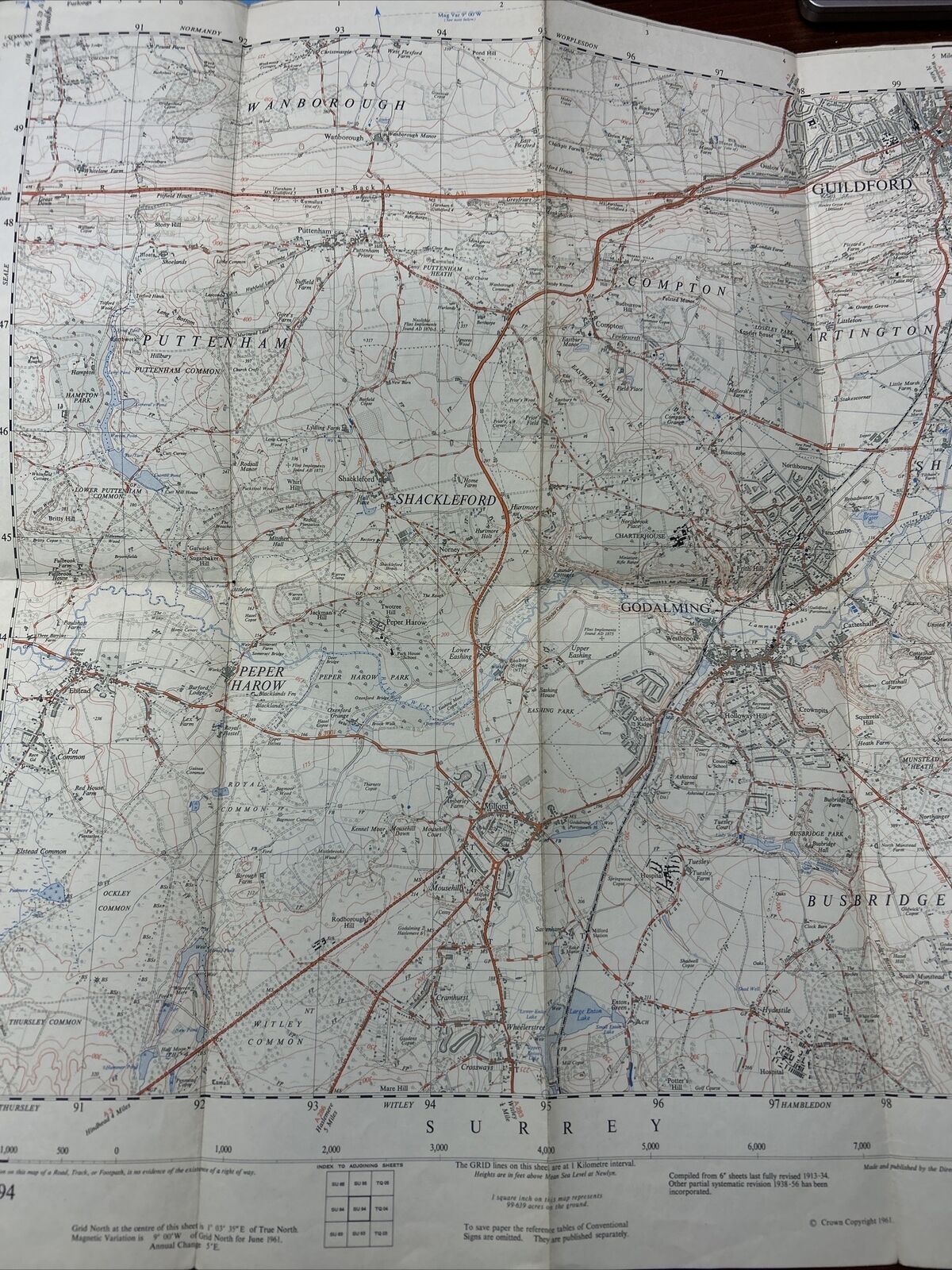 GODALMING Ordnance Survey Sheet SU94 Map 1:25,000 First Series 1961 Puttenham