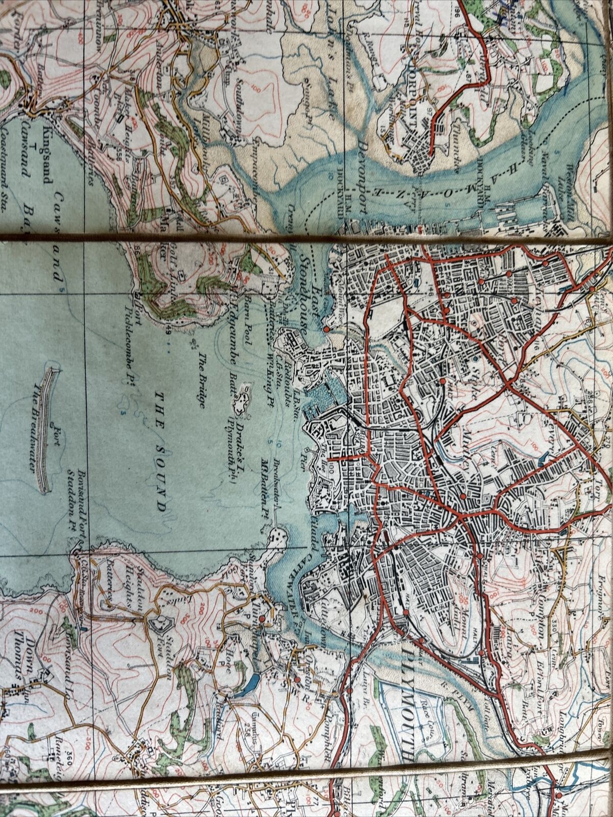 PLYMOUTH Ordnance Survey Cloth One Inch Map 1919 No 144 Contoured Looe Bay