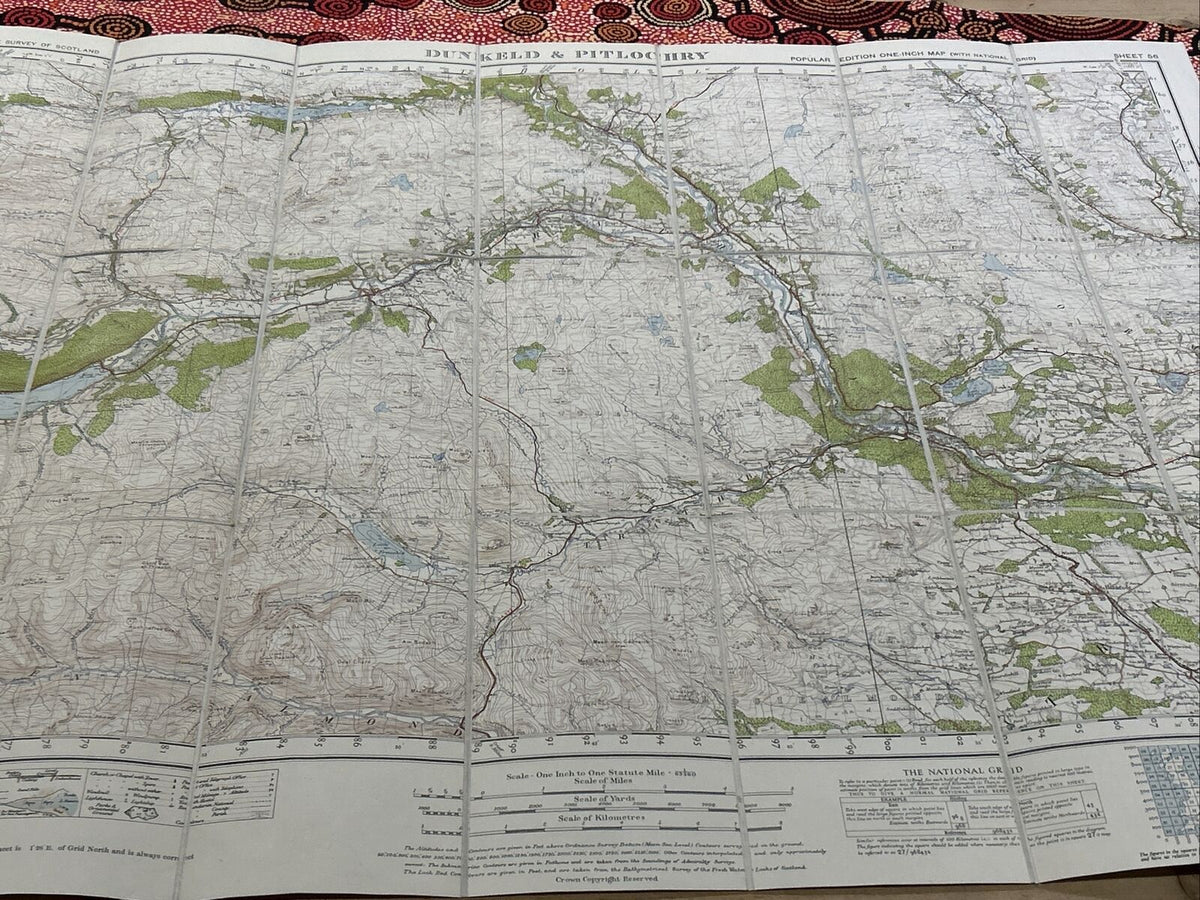 DUNKELD & PITLOCHRY Cloth Ordnance Survey One Inch Sheet 56 Popular Ed 1947