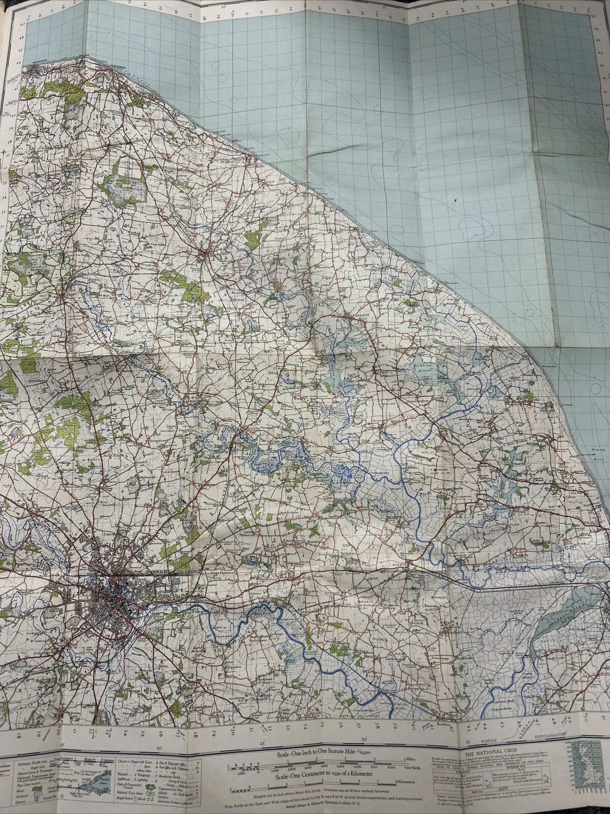 NORWICH Ordnance Survey Cloth One Inch Map 1945 Sixth Edition Sheet 126 Runham