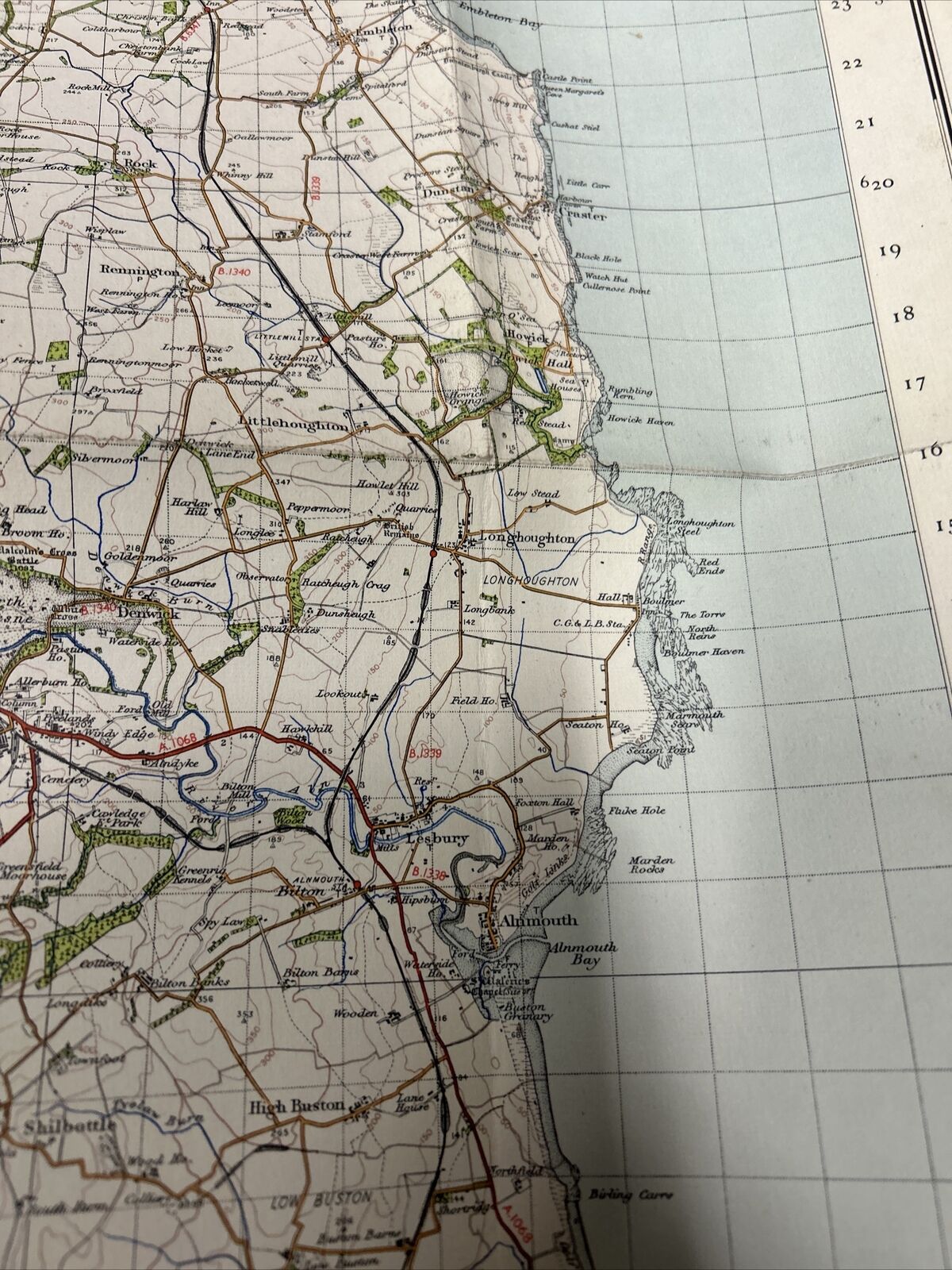 ALNWICK Ordnance Survey Cloth One Inch Map 1947 Sixth Edition Sheet 71 Coquet Is