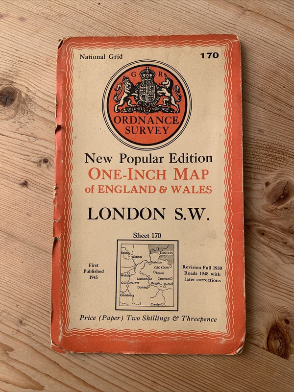 Vintage Ordnance Survey 6th Series 1-inch London South West 1945 Sheet 170