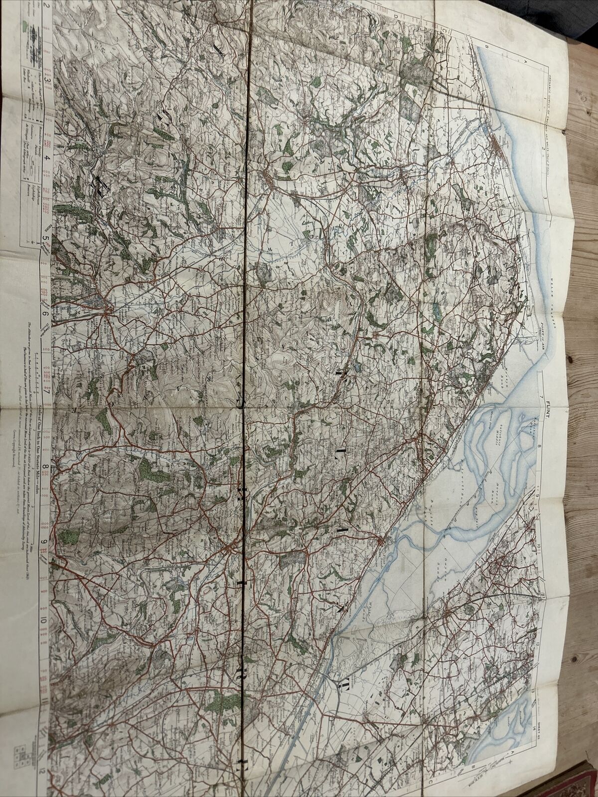 FLINT Ordnance Survey CLOTH 1908 Sheet 43 One Inch Wirral Rhyl Coloured Edition