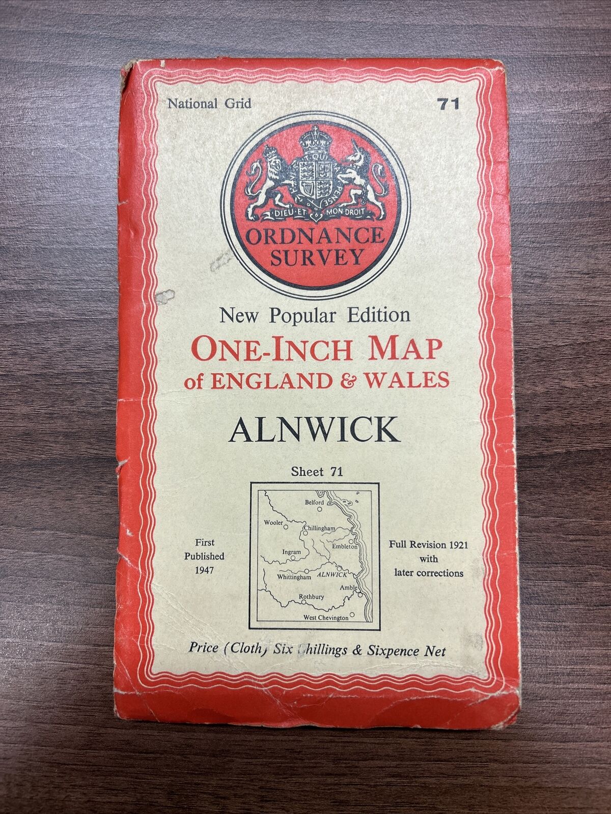 ALNWICK Ordnance Survey Cloth One Inch Map 1947 Sixth Edition Sheet 71 Coquet Is