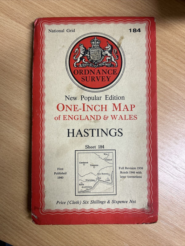 HASTINGS Ordnance Survey Cloth One Inch Map 1940 Sixth Edition Sheet 184 Rye