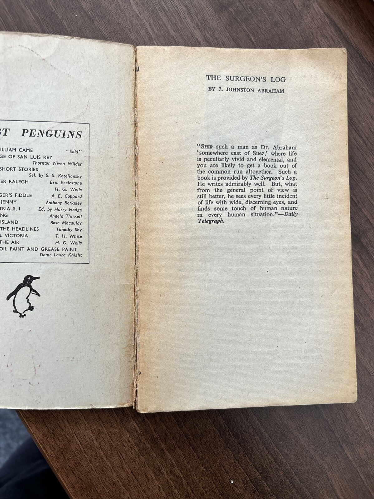 THE SURGEONS LOG James Johnston Abraham - Penguin Travel Pink No 66 1941