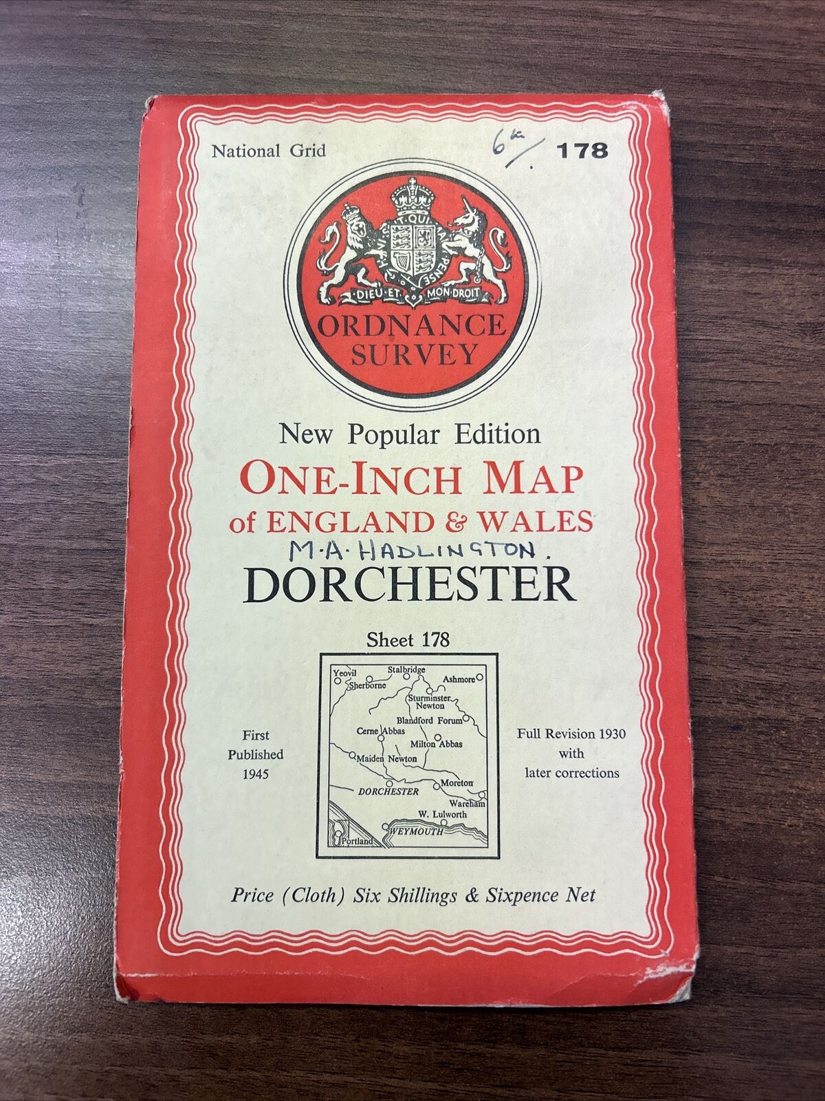 DORCHESTER - 1945 Cloth Ordnance Survey One Inch Sheet 178 Sixth Edition