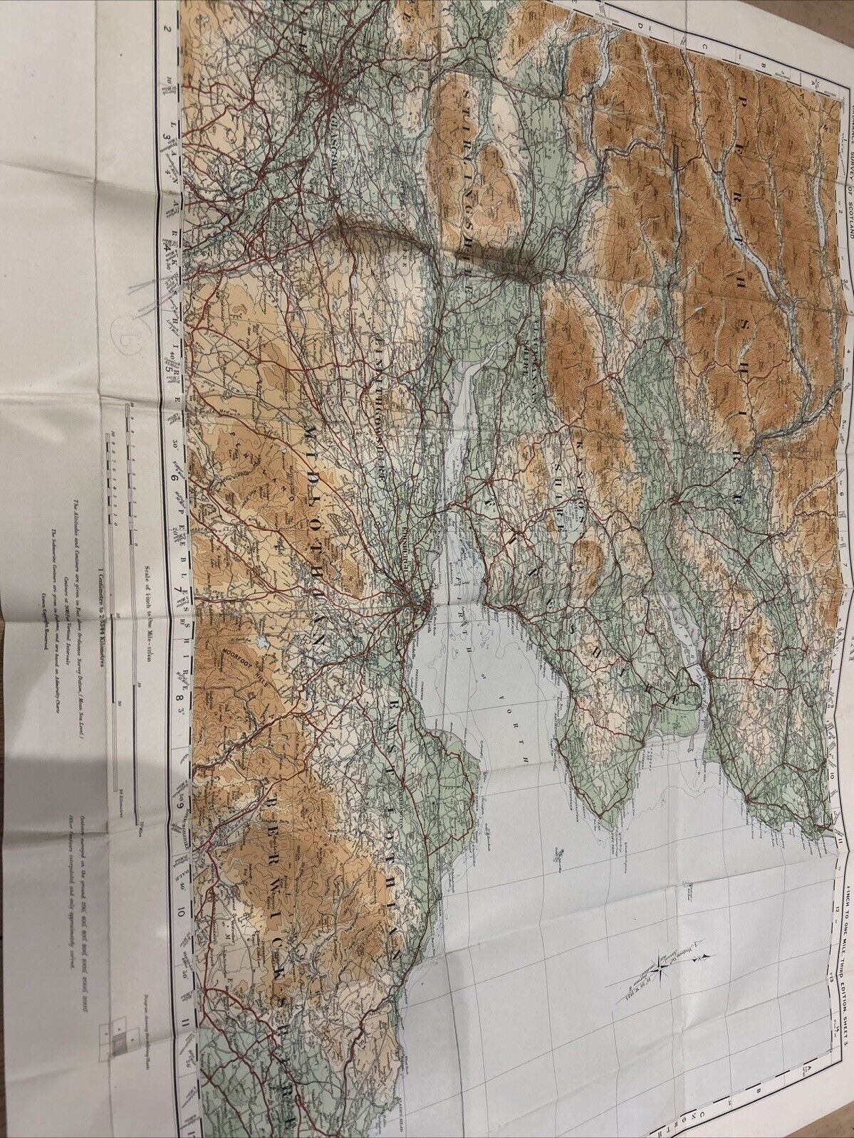 THE FORTH & TAY Ordnance Survey Paper Sheet 3 Quarter Inch Map 1923 Edinburgh