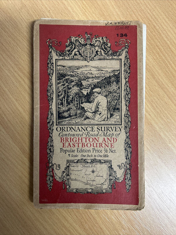 BRIGHTON & EASTBOURNE Ordnance Survey CLOTH 1 Inch Map 1920 Sheet 134 Contoured
