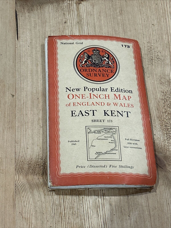 EAST KENT Ordnance Survey Cloth Sixth Series One inch 1945 Sheet 173 Dover Deal