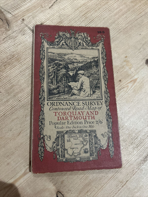 TORQUAY & DARTMOUTH Ordnance Survey CLOTH One Inch Map 1919 Sheet 145 Contoured