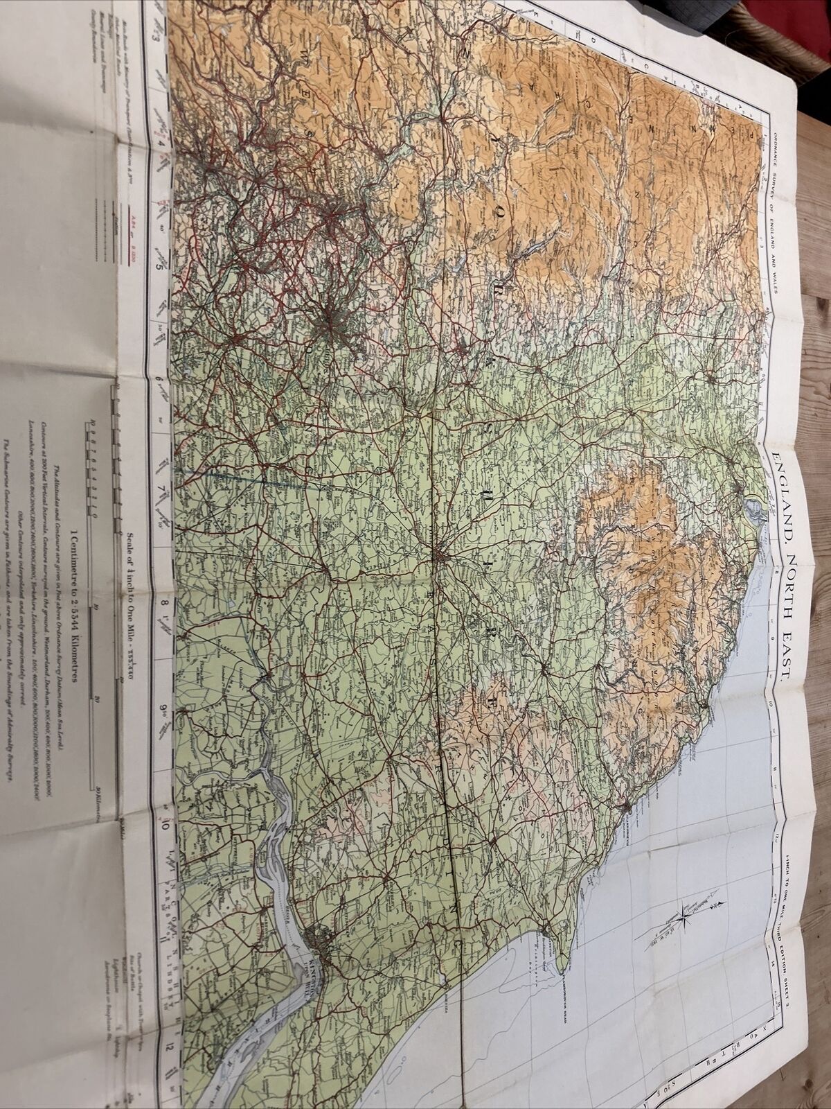 ENGLAND NORTH EAST Ordnance Survey Cloth Quarter Inch Map 1921 Sheet 3 Third Ed