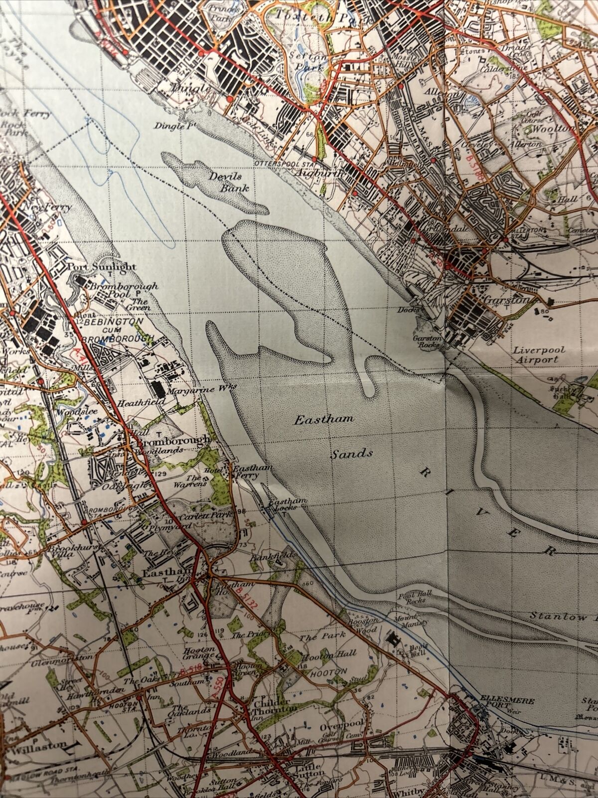 LIVERPOOL Ordnance Survey Cloth One Inch Map 1947 Sixth Edition Sheet 100 Widnes