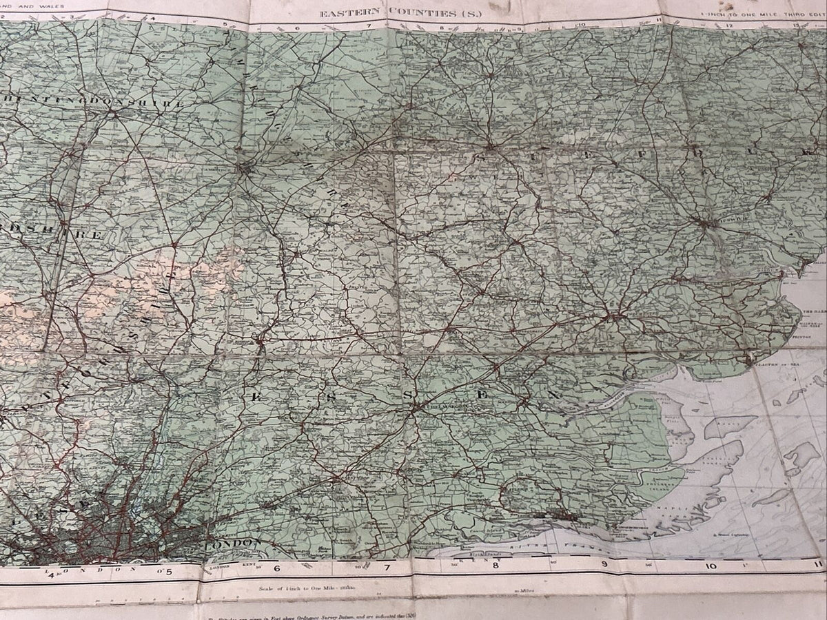 EASTERN COUNTIES Ordnance Survey Cloth Quarter Inch Map 1921 Sheet 9 Essex Herts