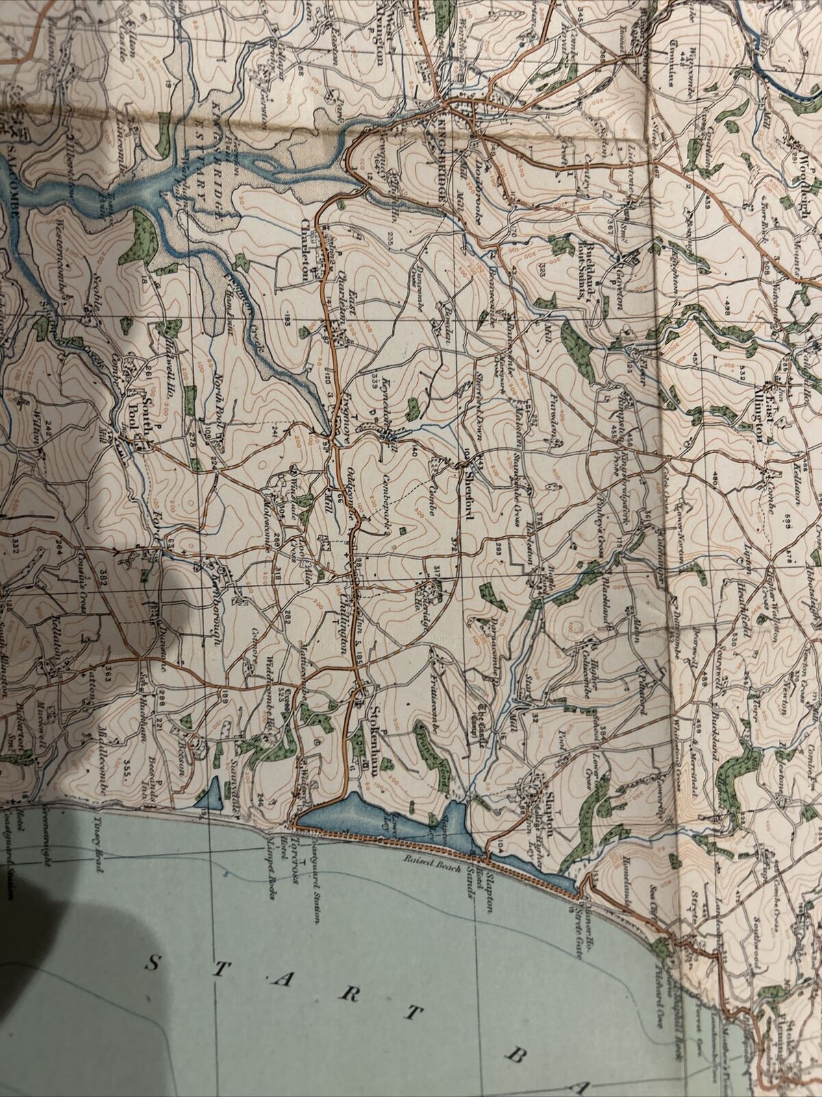 TORQUAY & DARTMOUTH Ordnance Survey CLOTH One Inch Map 1919 Sheet 145 Contoured