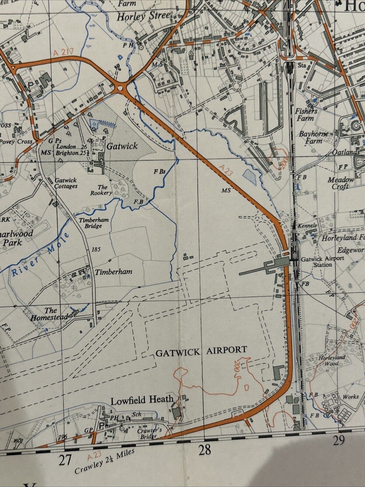 HORLEY SURREY Ordnance Survey Sheet TQ 24 Two  & Half Inch MAP 1957 Gatwick