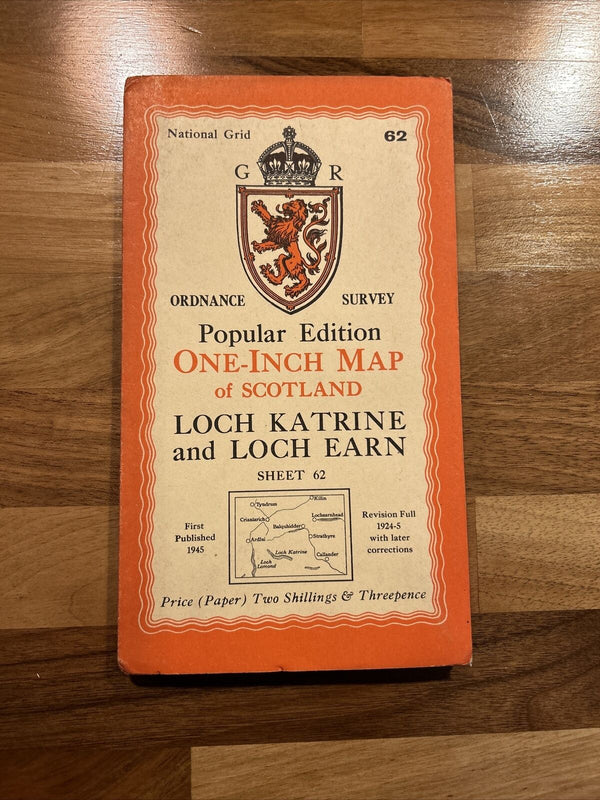 LOCH KATRINE & LOCH EARN Ordnance Survey One Inch Sheet 62 Popular Edition 1945