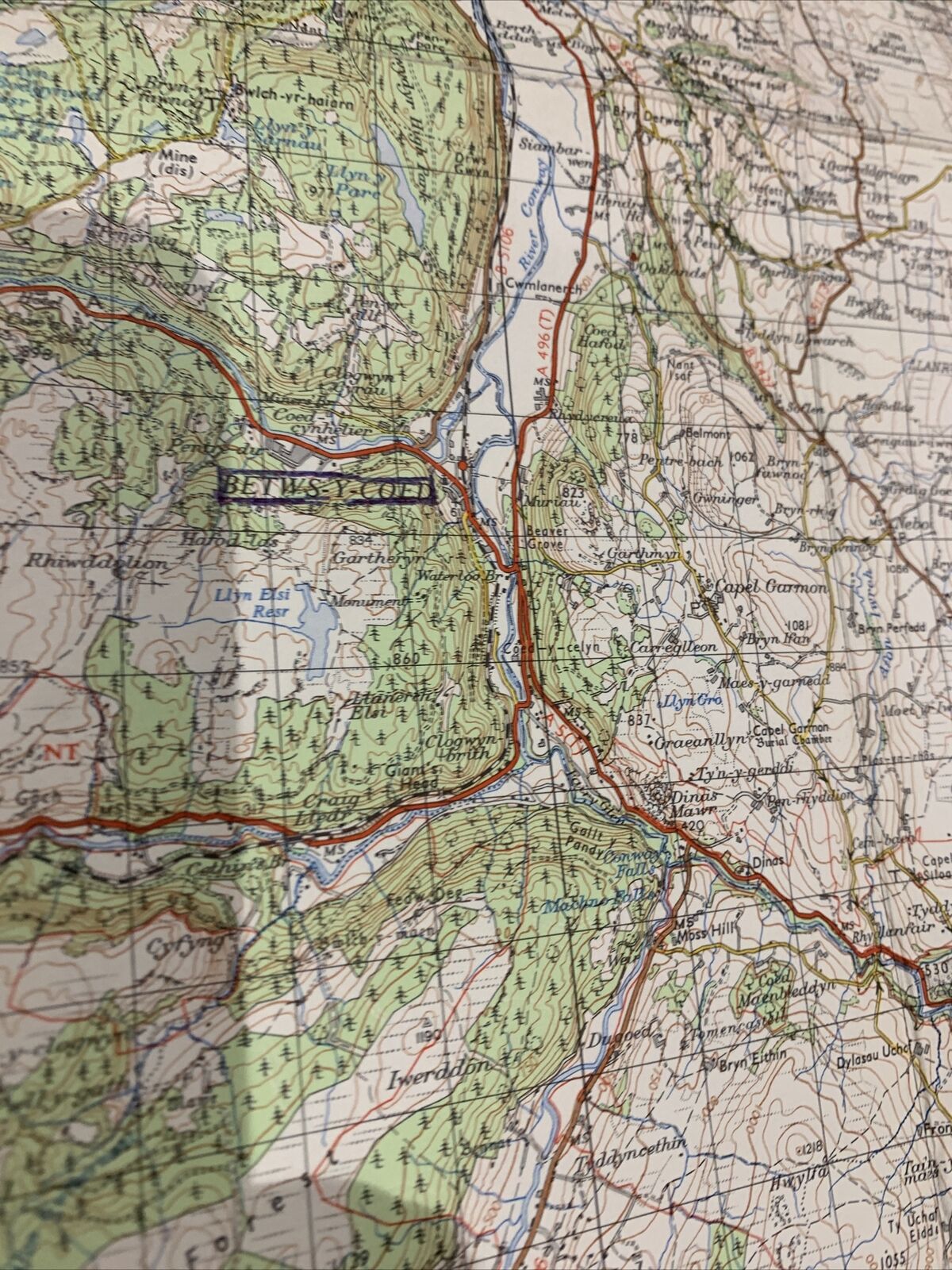 SNOWDON Cloth Ordnance Survey Seventh Series One inch 1965 Sheet 107 Conway