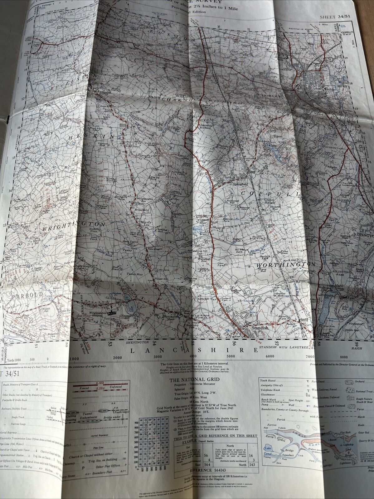 CHORLEY CHARNOCK RICHARD Ordnance Survey Sheet 34/51 1:25000 1947 Parbold Euxton