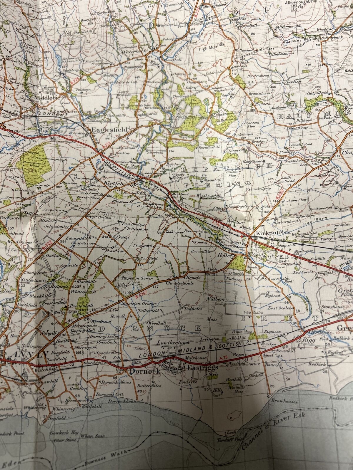 DUMFRIES Ordnance Survey Cloth One Inch Map 1947 Sixth Edition Sheet 75 Gretna