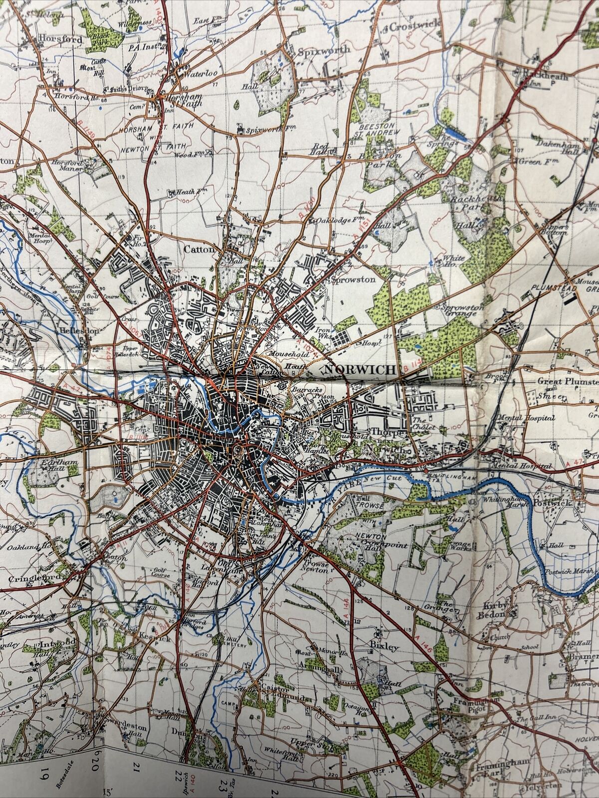 NORWICH Ordnance Survey Cloth One Inch Map 1945 Sixth Edition Sheet 126 Runham