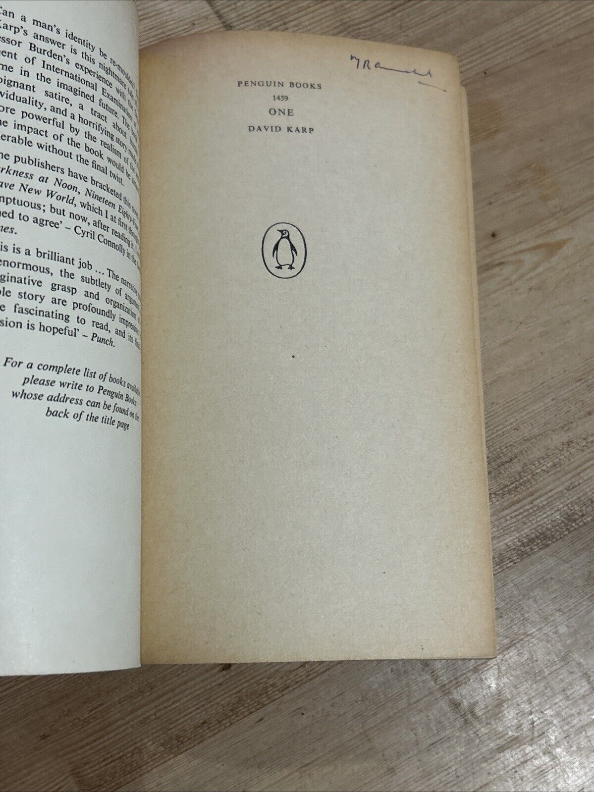 ONE David Karp - Penguin Books No 1459 1960 First Satire Prophetic