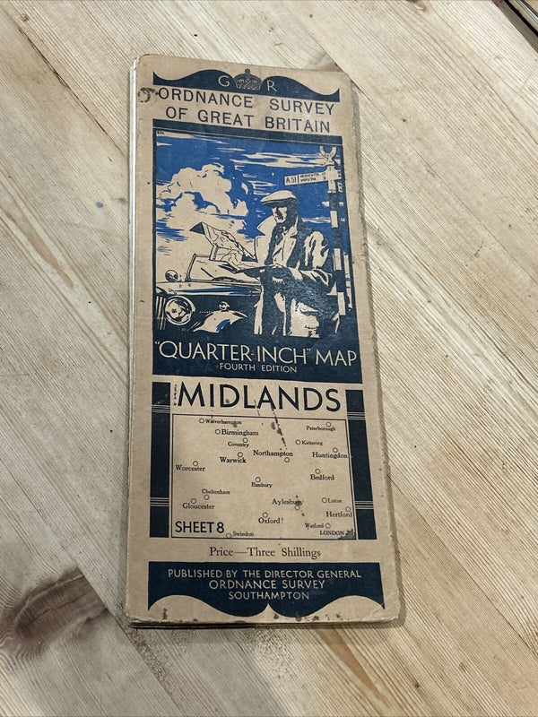 MIDLANDS 1935 Ordnance Survey CLOTH Sheet 8 Quarter Inch Map Fourth Edition