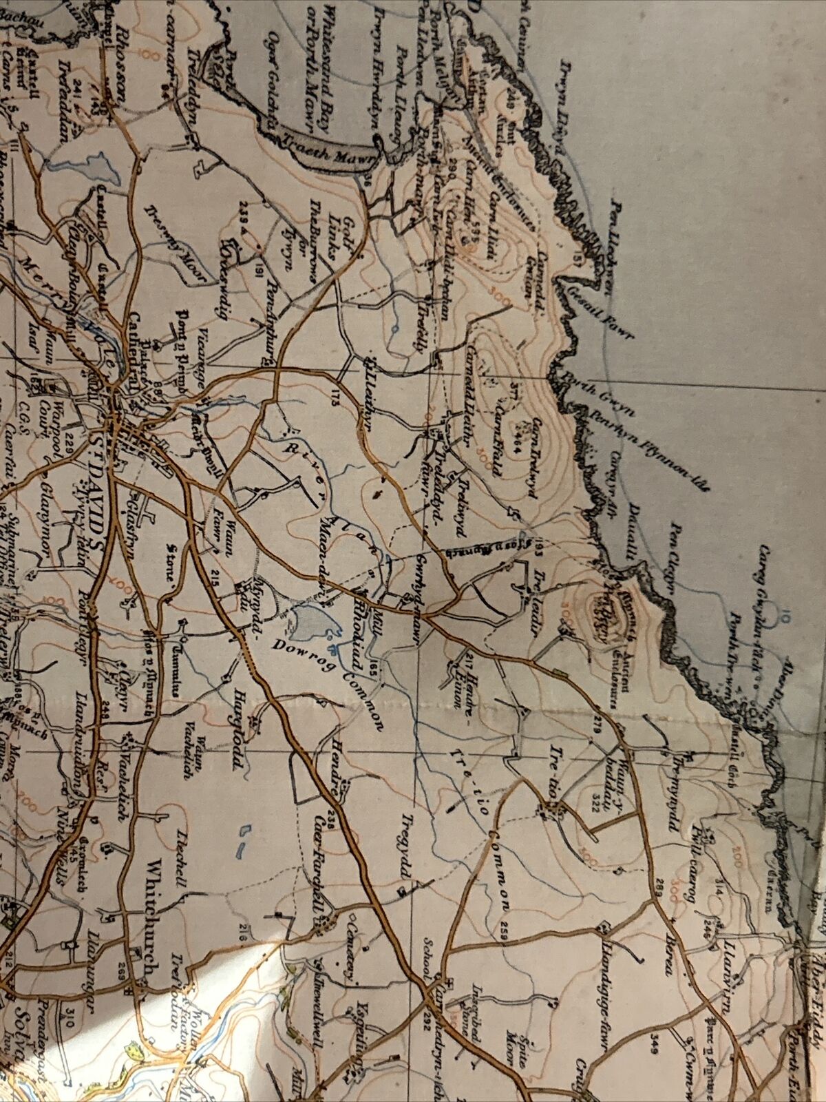 ST DAVIDS & CARDIGAN Ordnance Survey Cloth One Inch Map 1923 No 88 Contoured