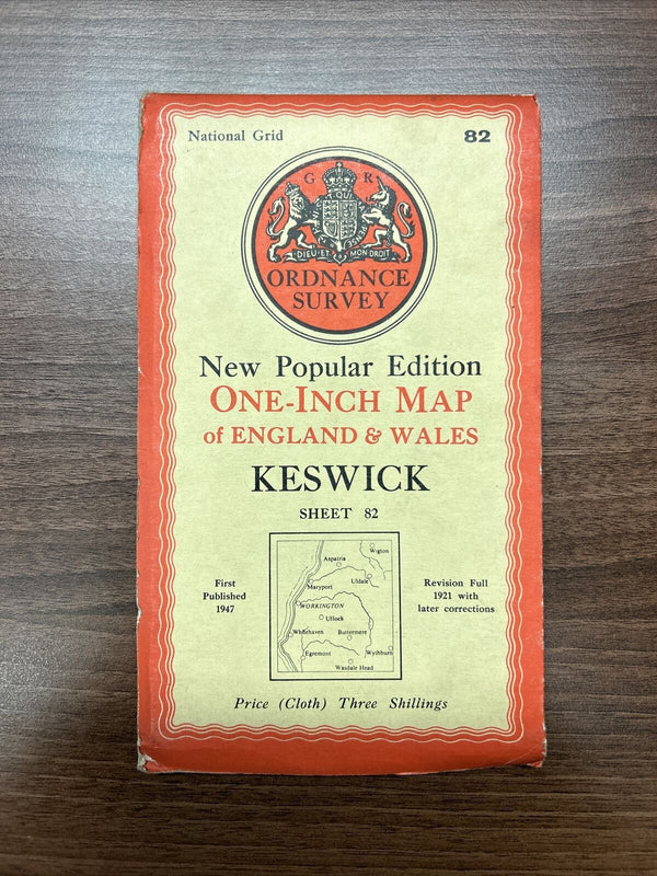 KESWICK Ordnance Survey Cloth One Inch Map 1947 Sixth Edition Sheet 82 Lakes