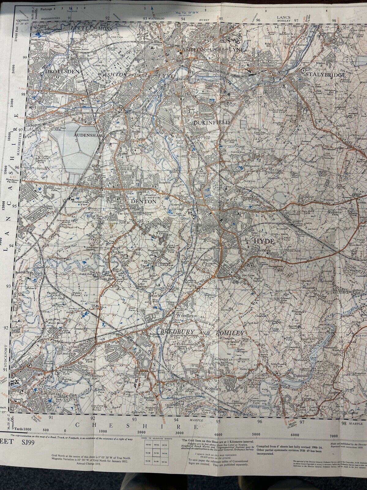 ASHTON-UNDER-LYNE Ordnance Survey First Series Sheet SK99 1:25,000 1951 Romily