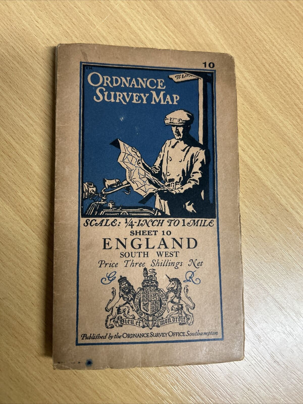 ENGLAND SOUTH WEST Ordnance Survey Cloth Quarter Inch Map 1920 Sheet 10 Cornwall