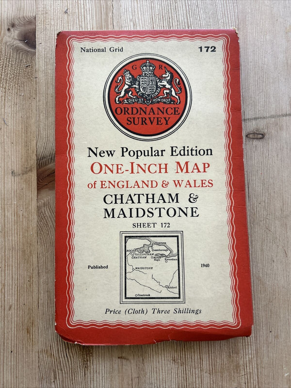 CHATHAM & MAIDSTONE Ordnance Survey Cloth Sixth Series One inch 1940 Sheet 172