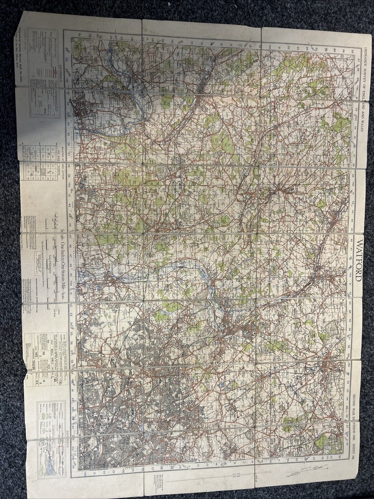 WATFORD Ordnance Survey 1940 Sheet 106 Second War Revision Dissected 1 Inch Map
