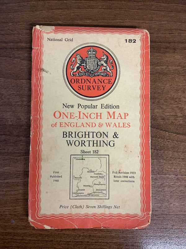 BRIGHTON & WORTHING Ordnance Survey CLOTH Map 1940 Sixth Series Sheet 182