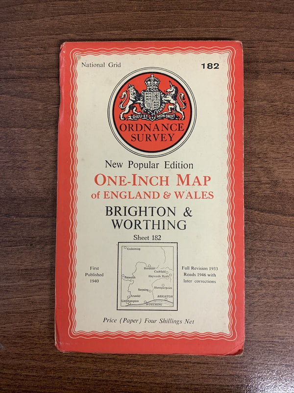 BRIGHTON & WORTHING Ordnance Survey Paper Map 1940 Sixth Series Sheet 182