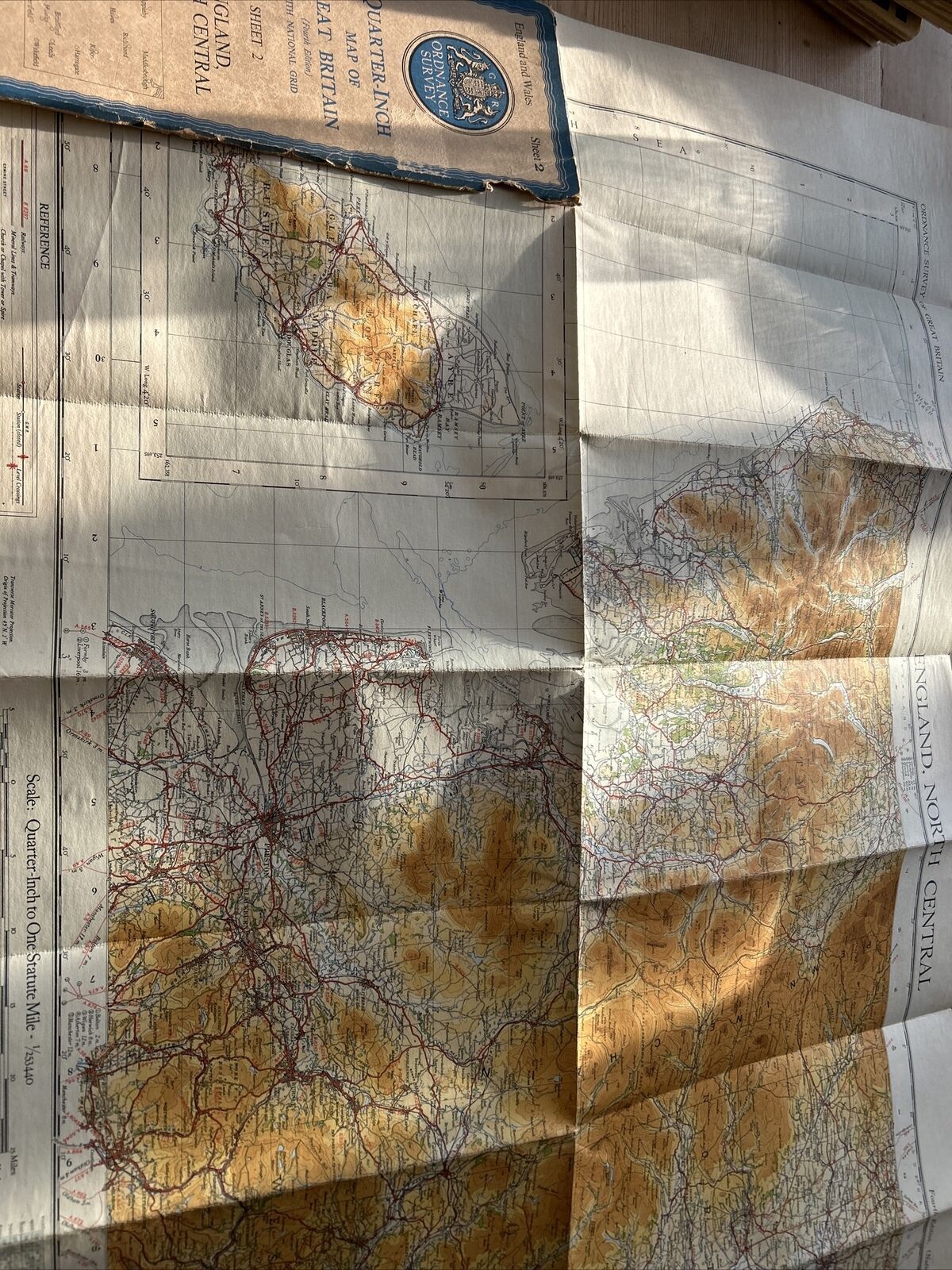 ENGLAND NORTH CENTRAL 1946 Ordnance Survey CLOTH Sheet 2 Quarter Inch Map