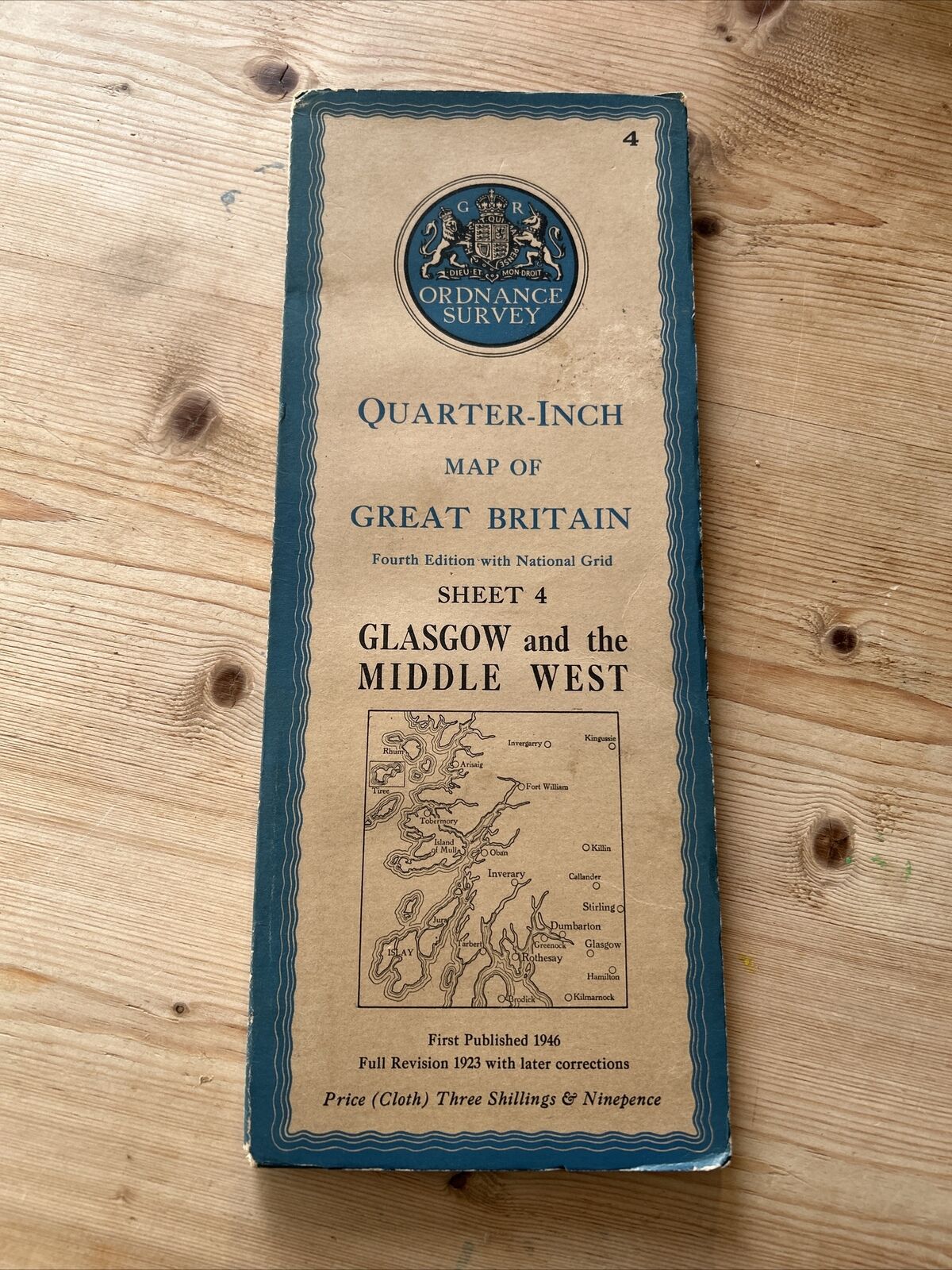 GLASGOW And The MIDDLE WEST 1946 Ordnance Survey CLOTH Sheet 4 Quarter Inch Map