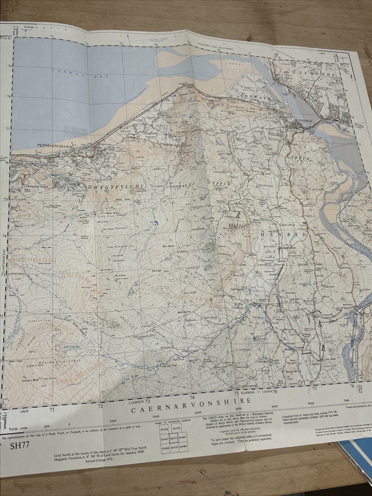 CONWAY Ordnance Survey 1:25,000 First Series Sheet SH77 1950 Llangelynjn