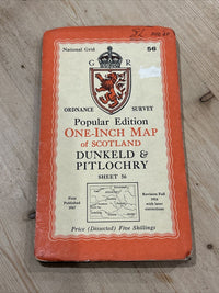 DUNKELD & PITLOCHRY Cloth Ordnance Survey One Inch Sheet 56 Popular Ed 1947