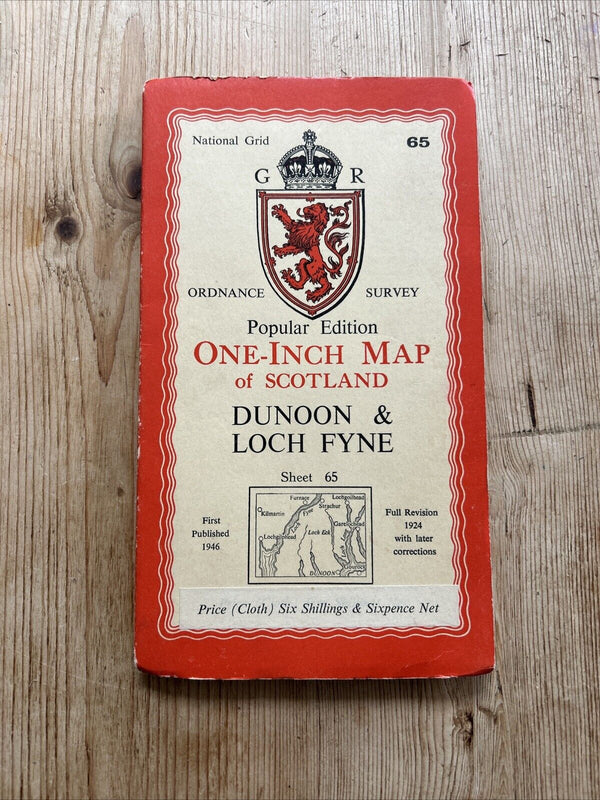 DUNOON & LOCH FYNE Ordnance Survey CLOTH One Inch Sheet 65 Popular Edition 1946