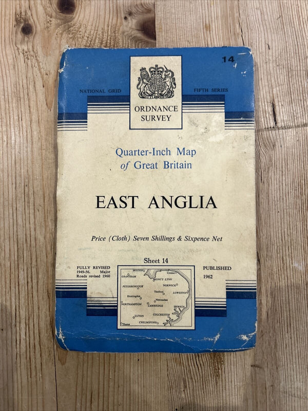 EAST ANGLIA 1962 CLOTH Ordnance Survey Quarter Inch Map Sheet 14 Kings Lynn