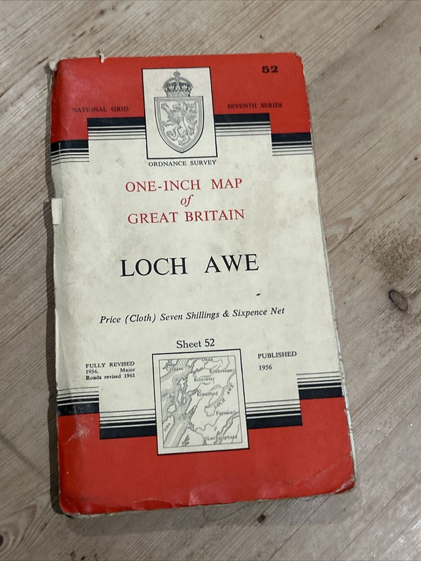 LOCH AWE Ordnance Survey Seventh Series CLOTH One inch 1956/62 Sheet 52 Scarba