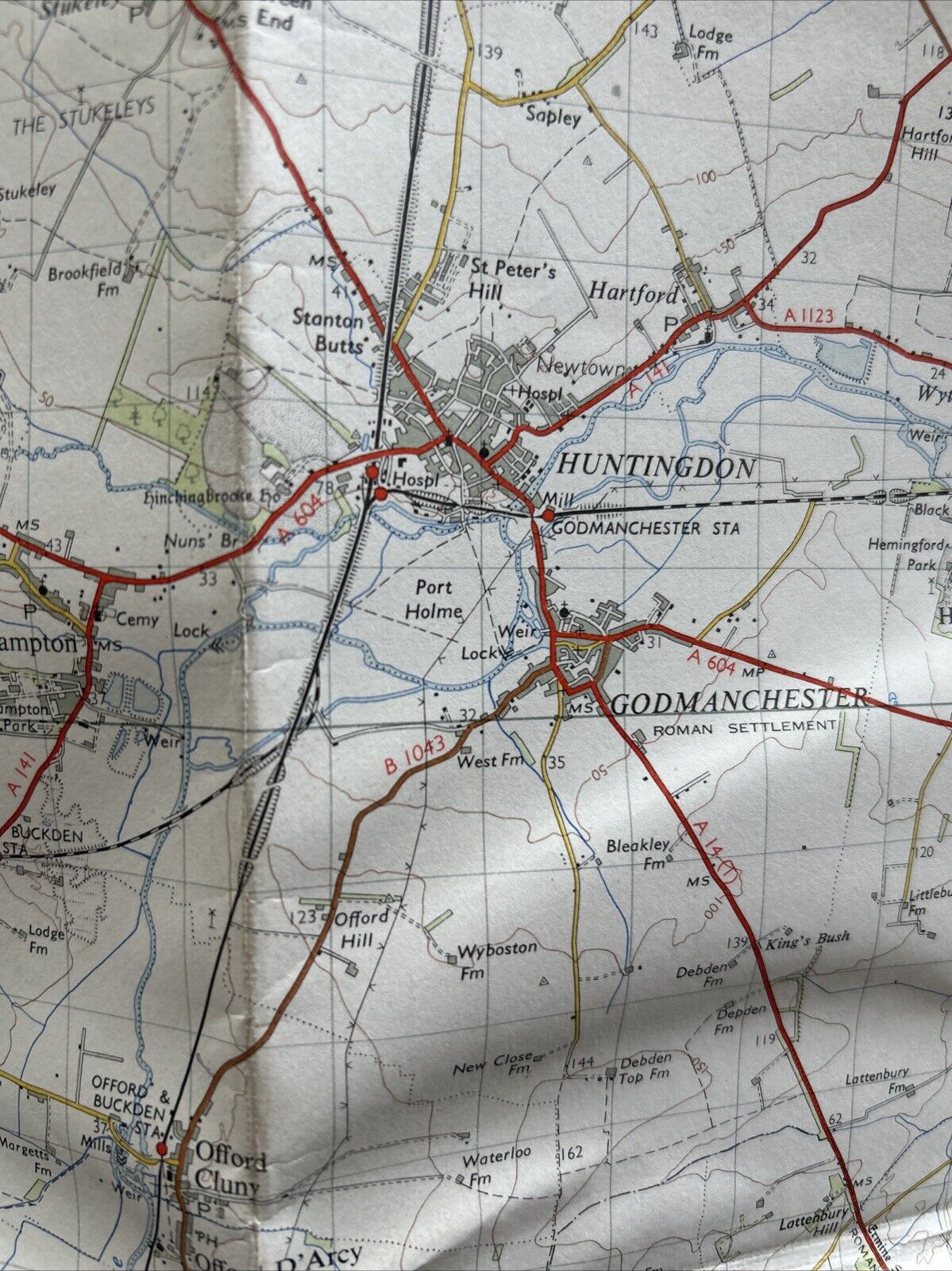 HUNTINGDON & PETERBOROUGH Ordnance Survey 7th Series CLOTH 1 inch 1954 Sheet 134