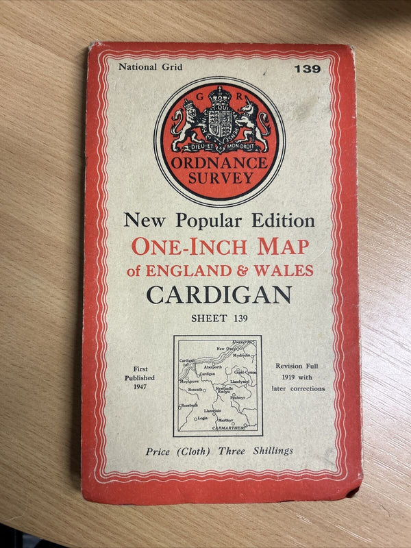 CARDIGAN Ordnance Survey Cloth One Inch Map 1947 Sixth Edition Sheet 139 Merthyr