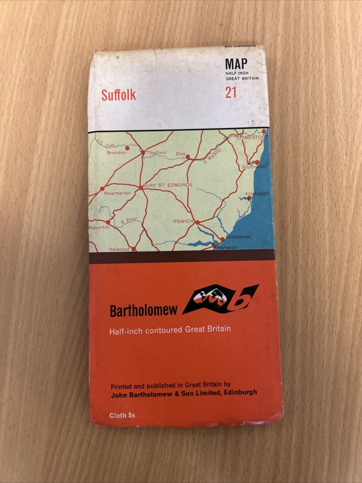 SUFFOLK Bartholomew - Half Inch Cloth Map 1965  No 21 Ipswich Thetford