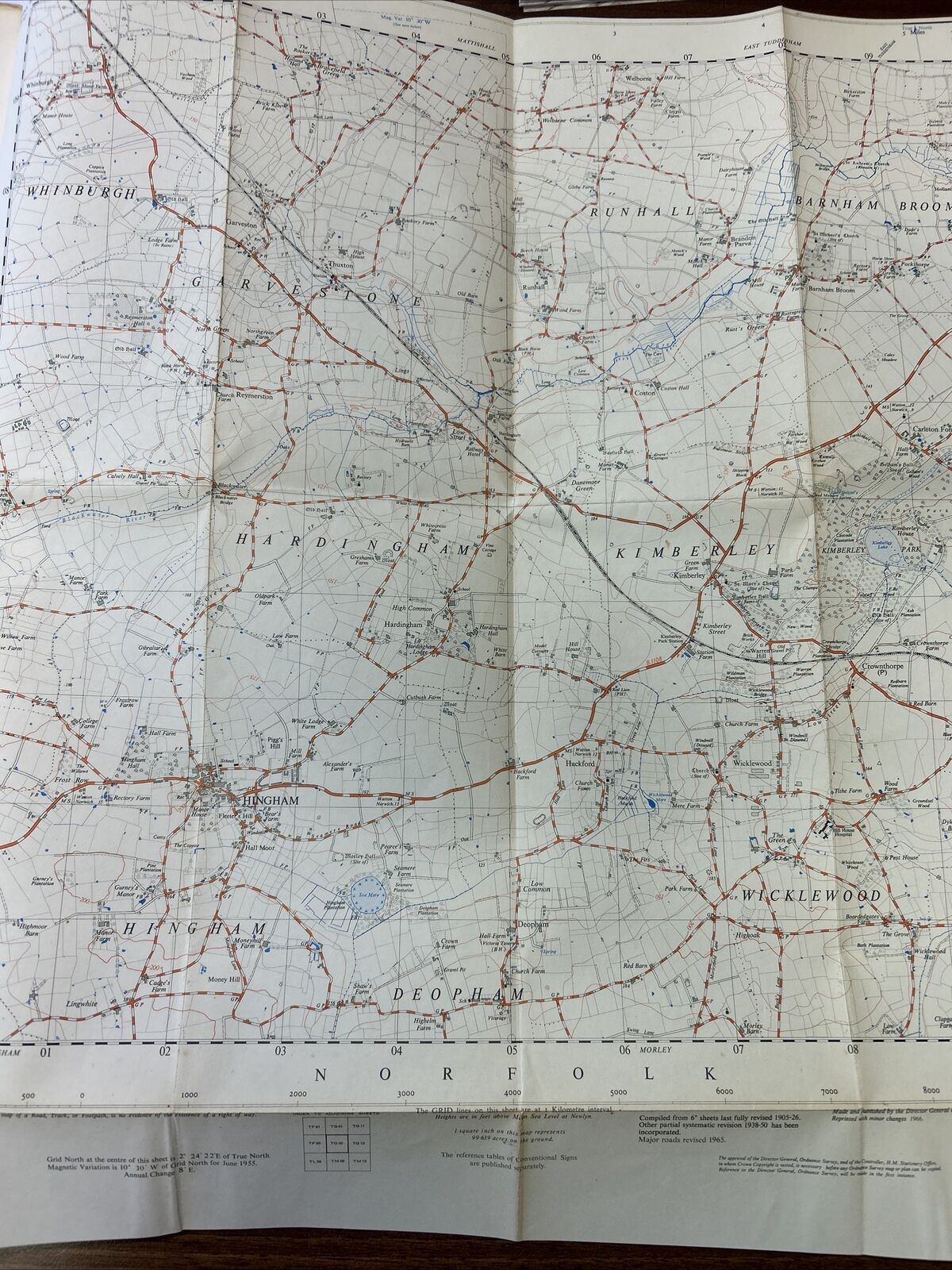 HINGHAM - Ordnance Survey 2 & Half Inch Sheet TG00 1955 Kimberley Garveston