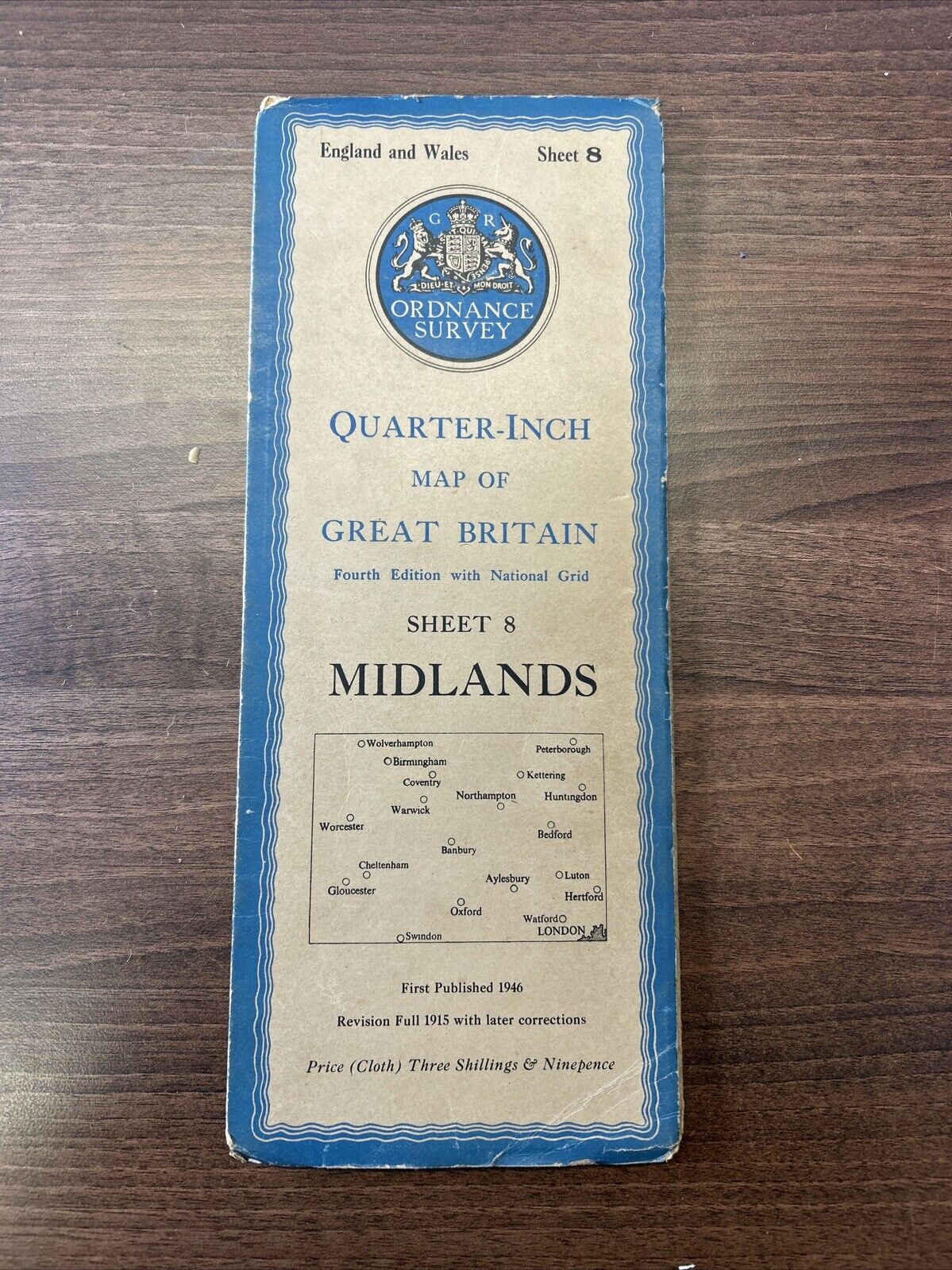 MIDLANDS 1946 Ordnance Survey CLOTH Sheet 8 Quarter Inch Map Fourth Edition