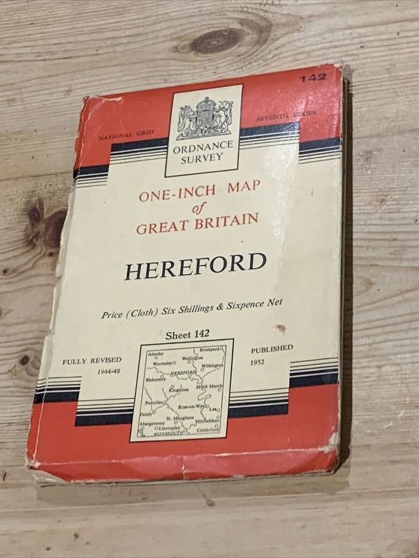 HEREFORD Cloth Ordnance Survey 7th Series 1-inch 1952 Sheet 142 Monmouth