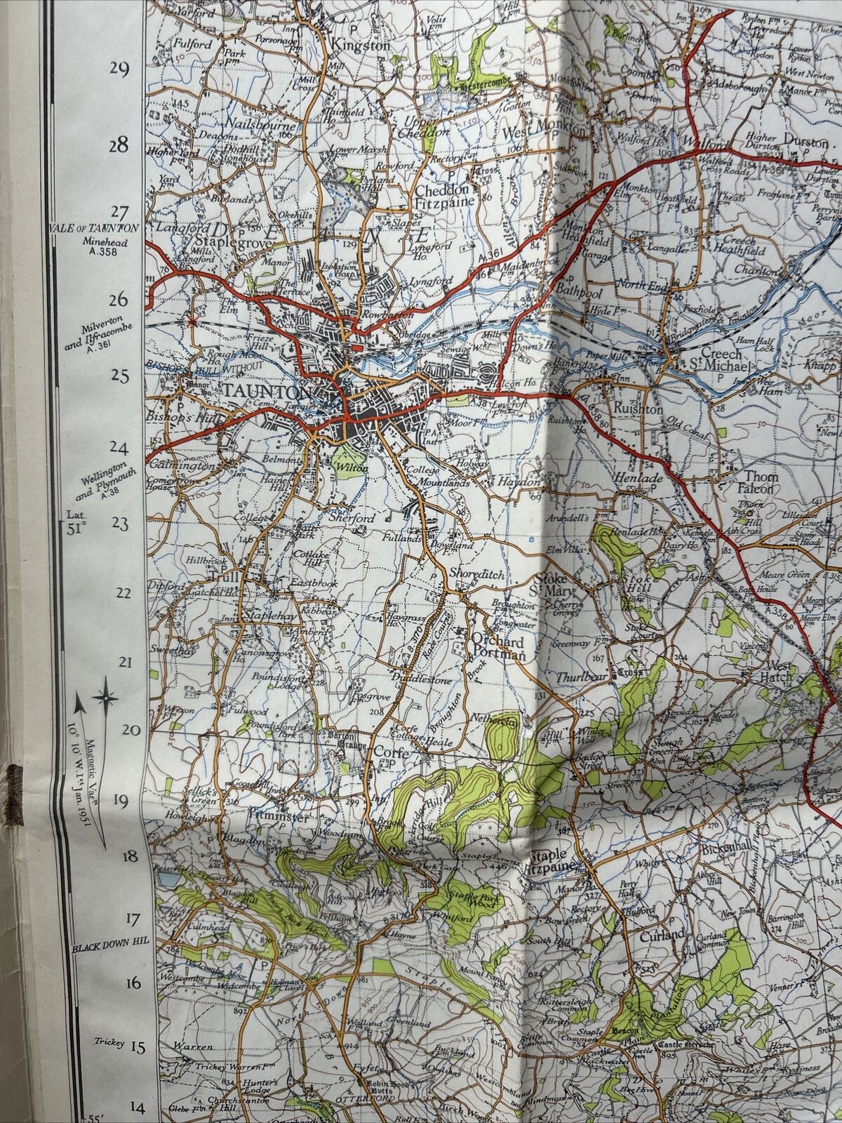 TAUNTON & LYME REGIS Ordnance Survey Sixth Series Paper Map 1946 Sheet 177